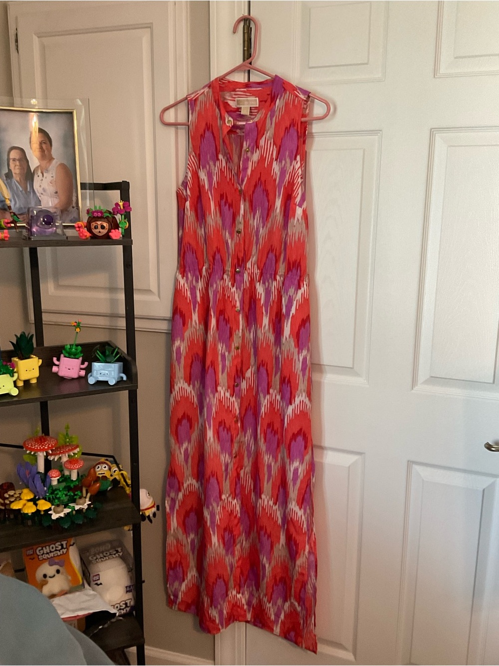 Michael Kors Red & Pink Sleeveless Maxi Dress with Abstract Ikat Print
